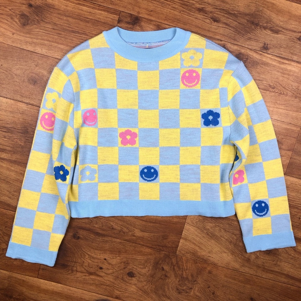 ASOS Design Blue Yellow Checkerboard Smiley Face Flower Sweater